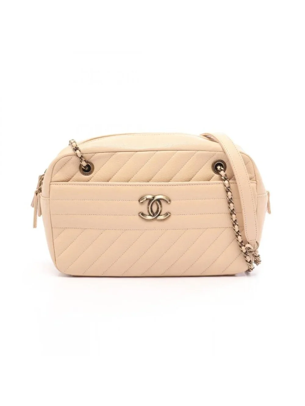 Chanel Shoulder Bag Bias Stitch Antique Gold Beige Leather Chain